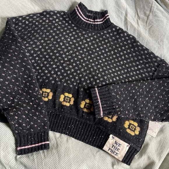 Free People Sweaters - Free People Flower Patch Black Floral Knit Wool Blend Mock Neck Pullover Sweater